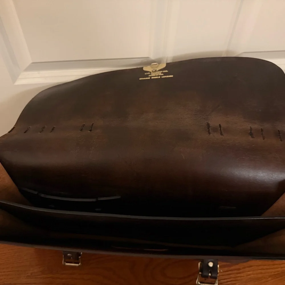 C C Filson Co Seattle Leather Brown Bridle Briefcase with strap.